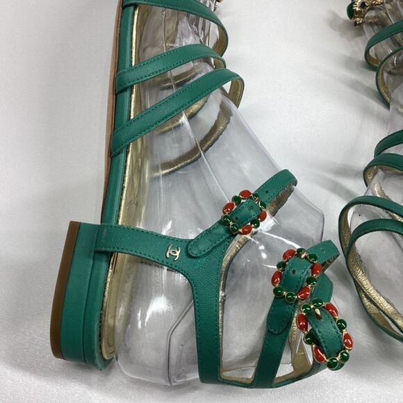 CHANEL Interlocking CC Logo Leather Gladiator Sandals Green Size EU 39.5 8.5US - Picture 11 of 17